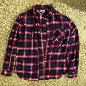 Red and navy plaid long sleeve shirt